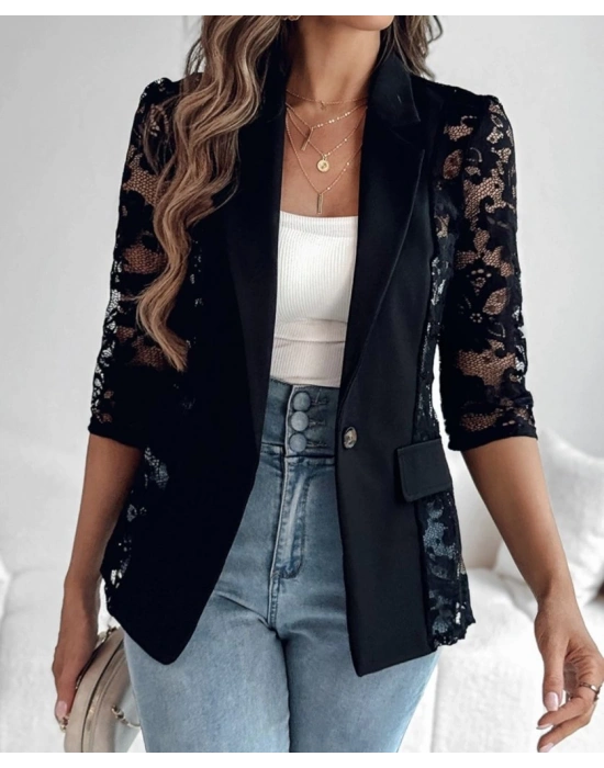 Kadın Uzun Kollu Truvakar Kol önden Düğmeli Cepli Dantelli Atlas Ceket