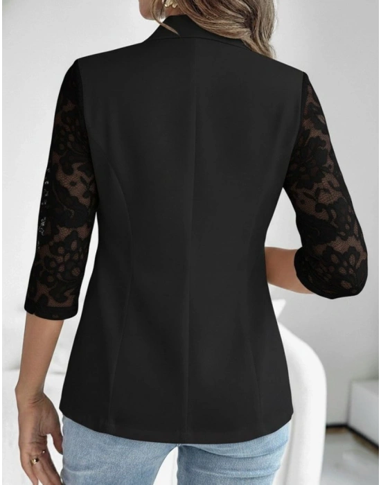 Kadın Uzun Kollu Truvakar Kol önden Düğmeli Cepli Dantelli Atlas Ceket