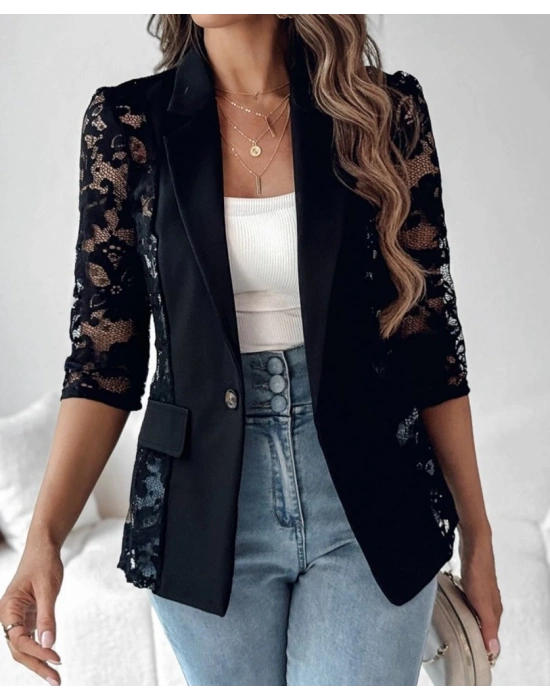 Kadın Uzun Kollu Truvakar Kol önden Düğmeli Cepli Dantelli Atlas Ceket