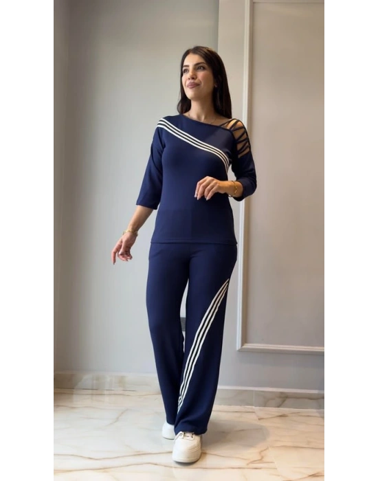 Kadın Uzun Kollu Truvakar Kol Tek Omuz çapraz şerit Detaylı Ribanalı Viskon Iki Iplik Bluz Ve Pantolon Ikili Takım