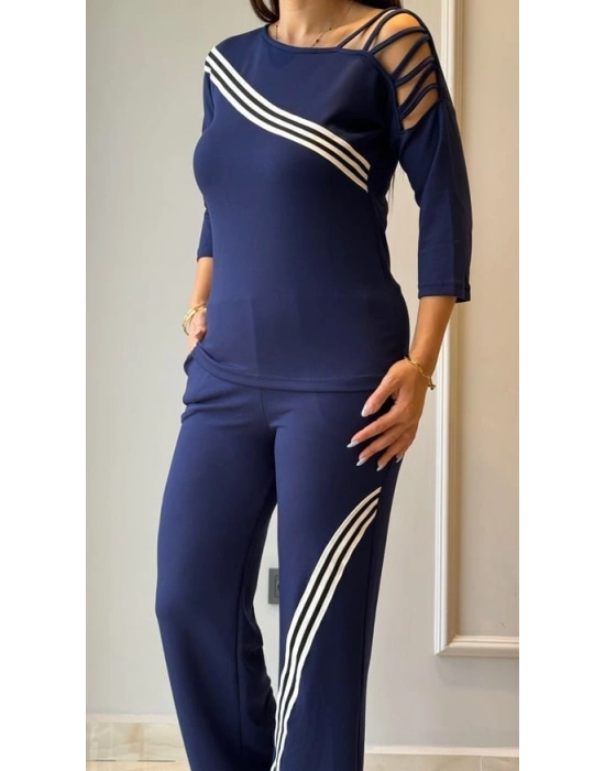 Kadın Uzun Kollu Truvakar Kol Tek Omuz çapraz şerit Detaylı Ribanalı Viskon Iki Iplik Bluz Ve Pantolon Ikili Takım