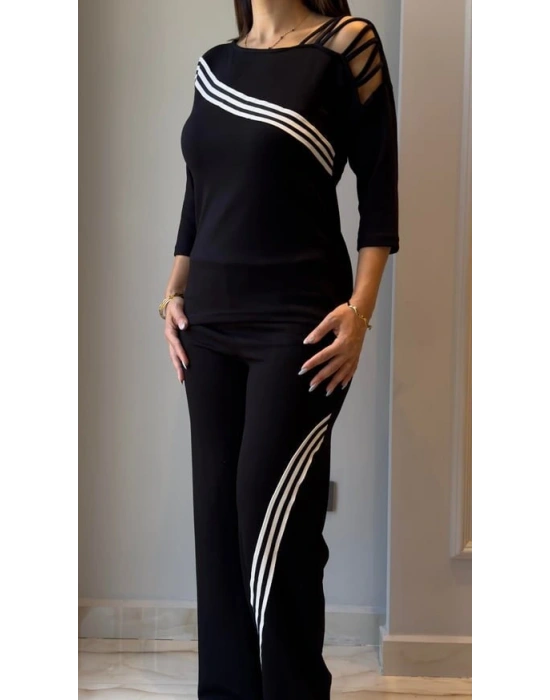 Kadın Uzun Kollu Truvakar Kol Tek Omuz çapraz şerit Detaylı Ribanalı Viskon Iki Iplik Bluz Ve Pantolon Ikili Takım