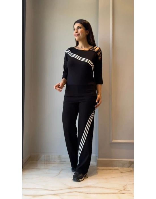 Kadın Uzun Kollu Truvakar Kol Tek Omuz çapraz şerit Detaylı Ribanalı Viskon Iki Iplik Bluz Ve Pantolon Ikili Takım