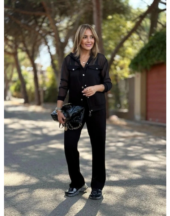 Kadın Uzun Kollu Tül Detaylı önü Düğmeli Viskon Iki Iplik Ceket Ve Pantolon Ikili Takım