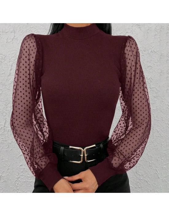 Kadın Uzun Kollu Tül Detaylı Yarım Balıkçı Yaka Kaşkorse Bluz