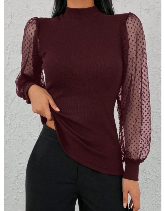 Kadın Uzun Kollu Tül Detaylı Yarım Balıkçı Yaka Kaşkorse Bluz