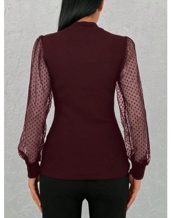 Kadın Uzun Kollu Tül Detaylı Yarım Balıkçı Yaka Kaşkorse Bluz