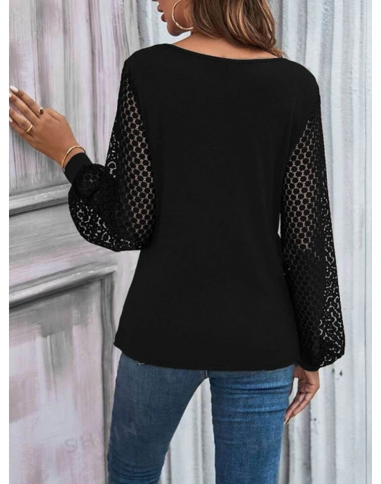 Kadın Uzun Kollu Tüllü Kruvaze Yaka çapraz Kesim Detaylı Viskon Bluz