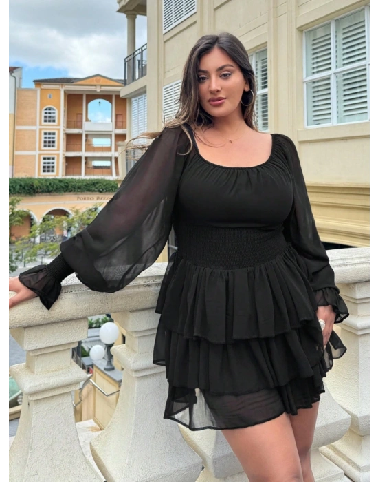 Kadın Uzun Kollu U Yaka Beli Lastikli Volanlı şifon Elbise