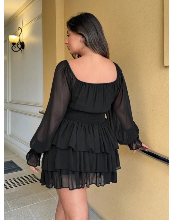 Kadın Uzun Kollu U Yaka Beli Lastikli Volanlı şifon Elbise