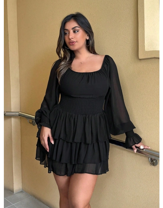 Kadın Uzun Kollu U Yaka Beli Lastikli Volanlı şifon Elbise