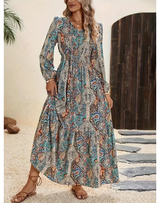 Kadın Uzun Kollu Uakadabağcıklı Beli Lastikli Desenli Uzun Süprem Elbise