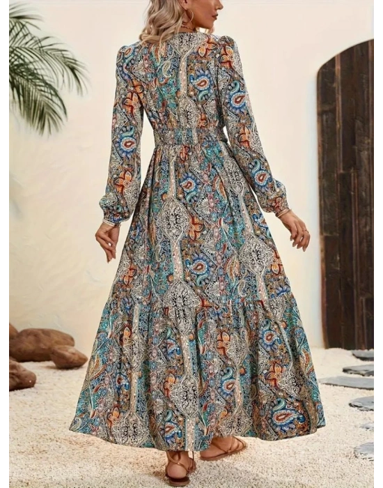 Kadın Uzun Kollu Uakadabağcıklı Beli Lastikli Desenli Uzun Süprem Elbise