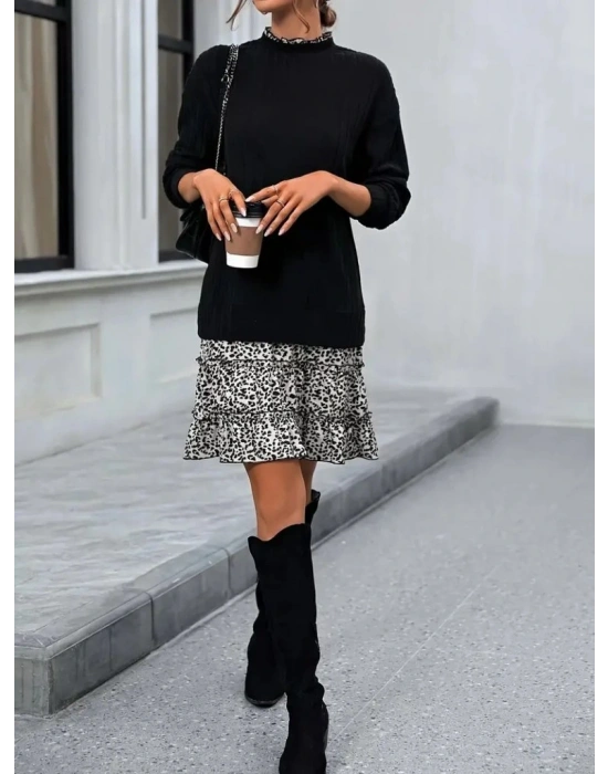 Kadın Uzun Kollu üst şardonlu Kaşkorse Alt Süprem Desenli Elbise