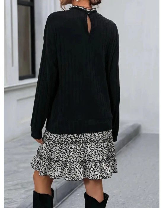 Kadın Uzun Kollu üst şardonlu Kaşkorse Alt Süprem Desenli Elbise