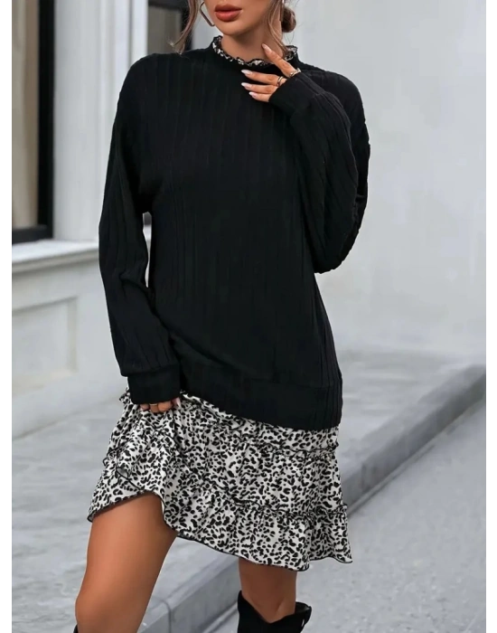 Kadın Uzun Kollu üst şardonlu Kaşkorse Alt Süprem Desenli Elbise