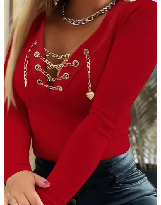 Kadın Uzun Kollu V çapraz Zincir Detaylı Kaşkorse Bluz