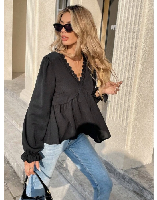 Kadın Uzun Kollu V Dantel Yaka Aerobin Bluz