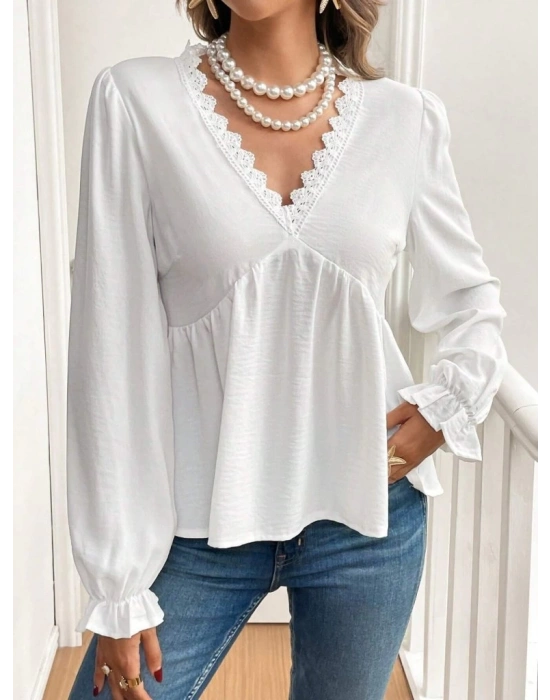 Kadın Uzun Kollu V Dantel Yaka Aerobin Bluz