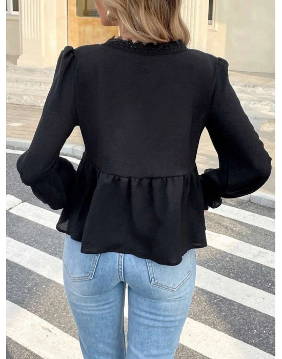 Kadın Uzun Kollu V Dantel Yaka Aerobin Bluz