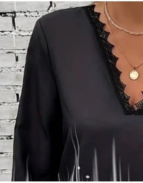 Kadın Uzun Kollu V Dantel Yaka Desenli Modal Bluz