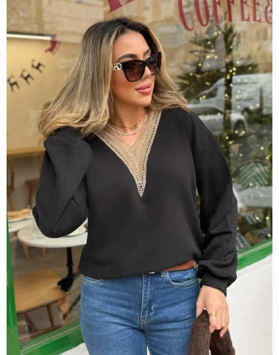 Kadın Uzun Kollu V Dantel Yaka şardonsuz üç Iplik Bluz