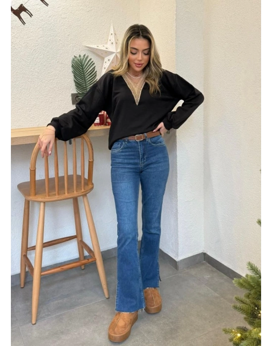 Kadın Uzun Kollu V Dantel Yaka şardonsuz üç Iplik Bluz