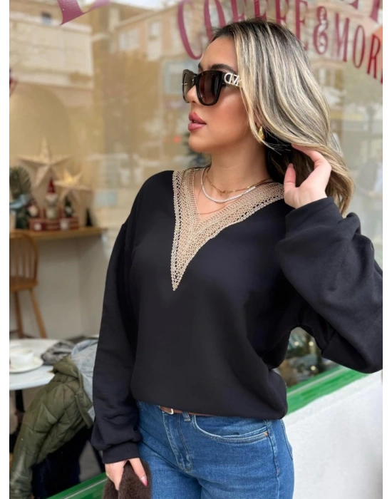 Kadın Uzun Kollu V Dantel Yaka şardonsuz üç Iplik Bluz