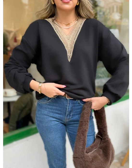 Kadın Uzun Kollu V Dantel Yaka şardonsuz üç Iplik Bluz