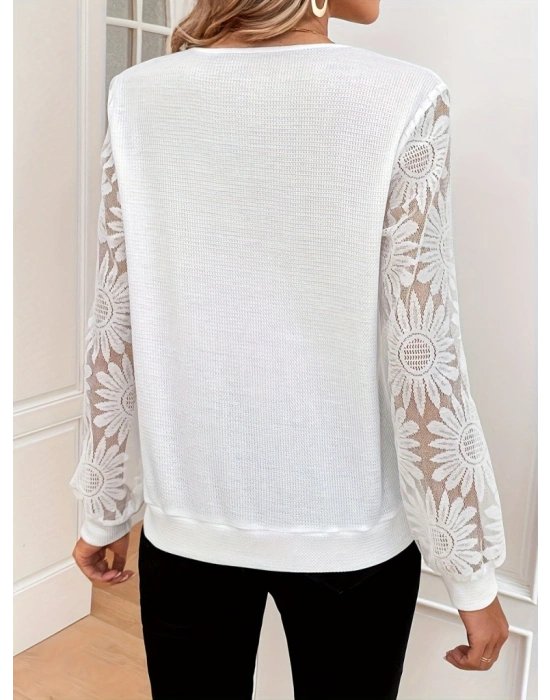 Kadın Uzun Kollu V Dantel Yaka Waffle Bluz