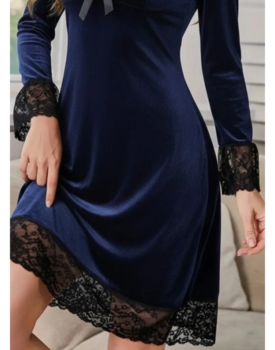 Kadın Uzun Kollu V Dantel Yakalı Mini Kadife Elbise