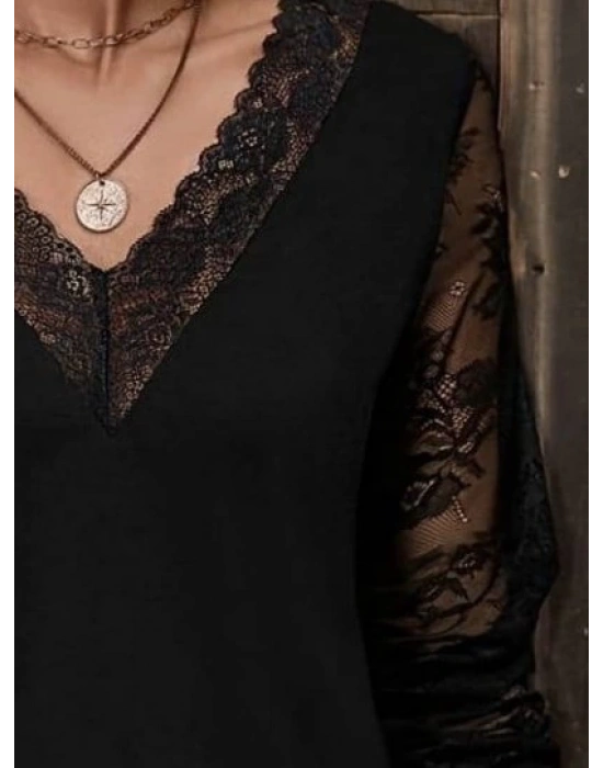 Kadın Uzun Kollu V Dantel Yakalı Viskon Bluz