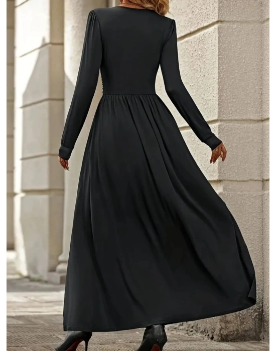 Kadın Uzun Kollu V Dantel Yakalı Yırtmaçlı Uzun Sandy Elbise