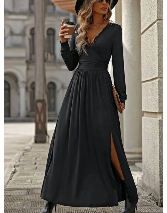 Kadın Uzun Kollu V Dantel Yakalı Yırtmaçlı Uzun Sandy Elbise