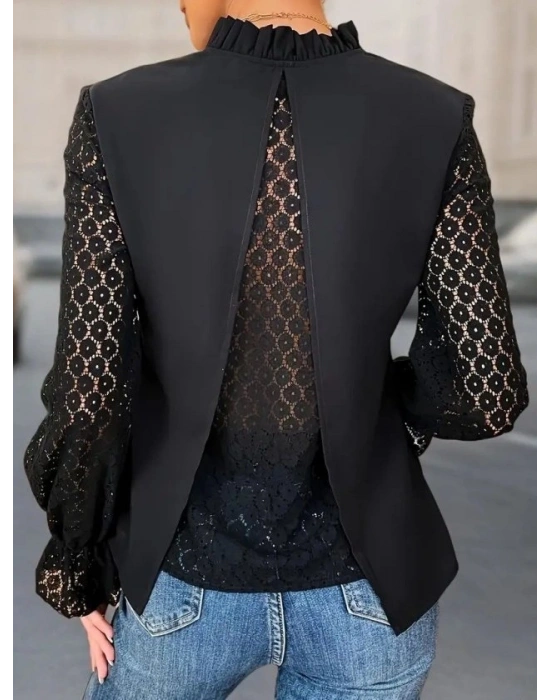 Kadın Uzun Kollu V Fırfır Yakalı Arkası çapraz Detaylı Ithal Krep Bluz