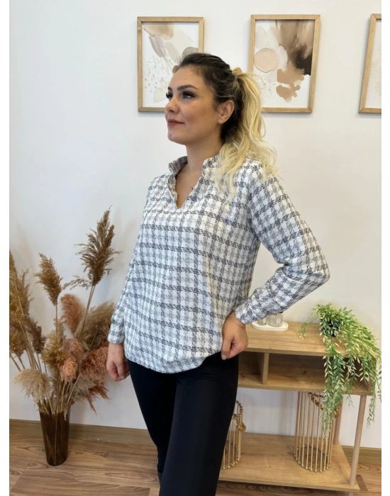 Kadın Uzun Kollu V Hakim Yaka çok Renkli Dokuma Bluz
