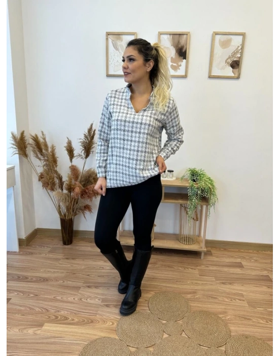 Kadın Uzun Kollu V Hakim Yaka çok Renkli Dokuma Bluz