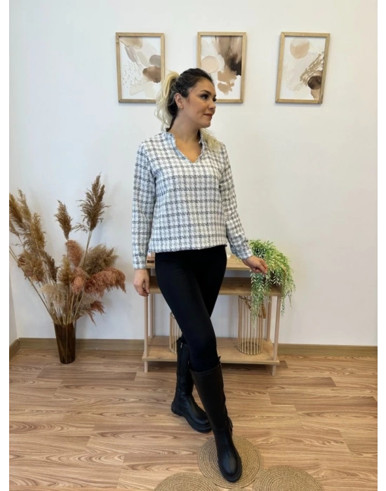 Kadın Uzun Kollu V Hakim Yaka çok Renkli Dokuma Bluz