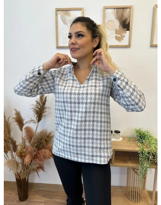 Kadın Uzun Kollu V Hakim Yaka çok Renkli Dokuma Bluz