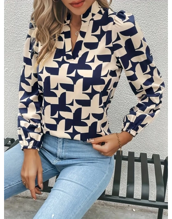 Kadın Uzun Kollu V Hakim Yaka Desenli Dalgıç Bluz