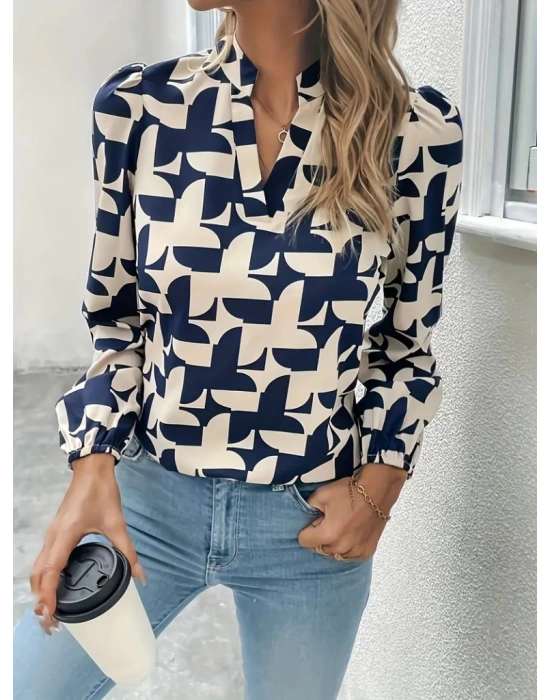 Kadın Uzun Kollu V Hakim Yaka Desenli Dalgıç Bluz