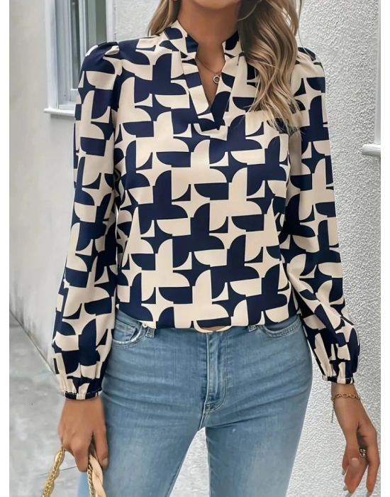 Kadın Uzun Kollu V Hakim Yaka Desenli Dalgıç Bluz