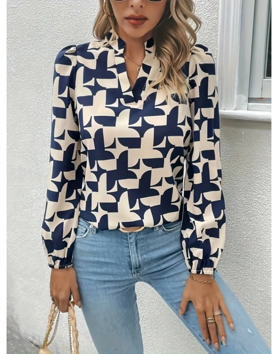 Kadın Uzun Kollu V Hakim Yaka Desenli Dalgıç Bluz
