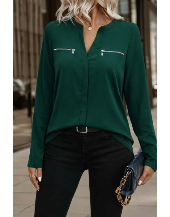 Kadın Uzun Kollu V Hakim Yaka Fermuar Detaylı Viskon Bluz