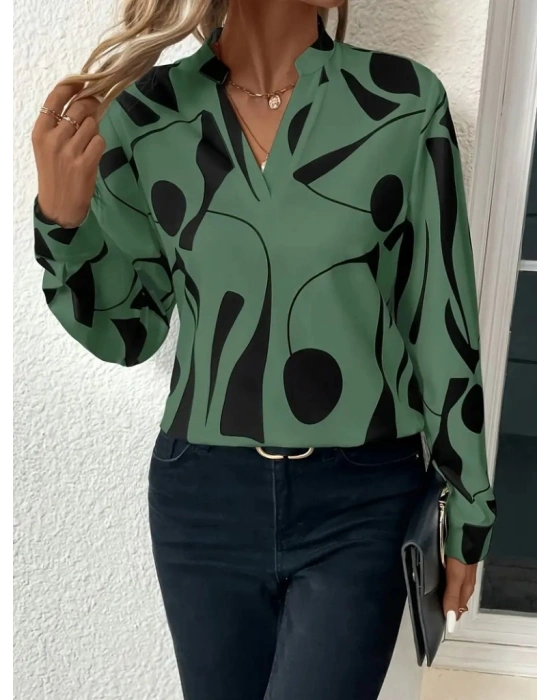 Kadın Uzun Kollu V Hakim Yakalı Desenli Dalgıç Bluz