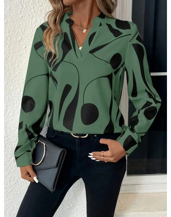 Kadın Uzun Kollu V Hakim Yakalı Desenli Dalgıç Bluz