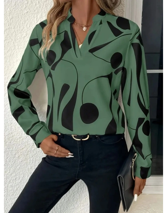 Kadın Uzun Kollu V Hakim Yakalı Desenli Dalgıç Bluz
