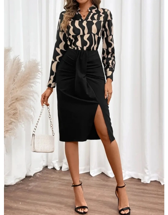 Kadın Uzun Kollu V Hakim Yakalı Desenli Dalgıç Bluz Ve önden Büzgülü Krep Ikili Takım