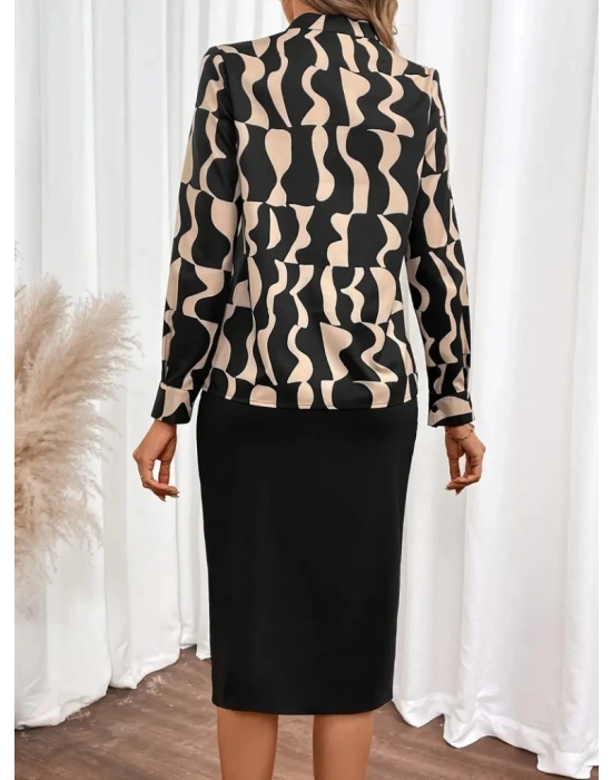 Kadın Uzun Kollu V Hakim Yakalı Desenli Dalgıç Bluz Ve önden Büzgülü Krep Ikili Takım