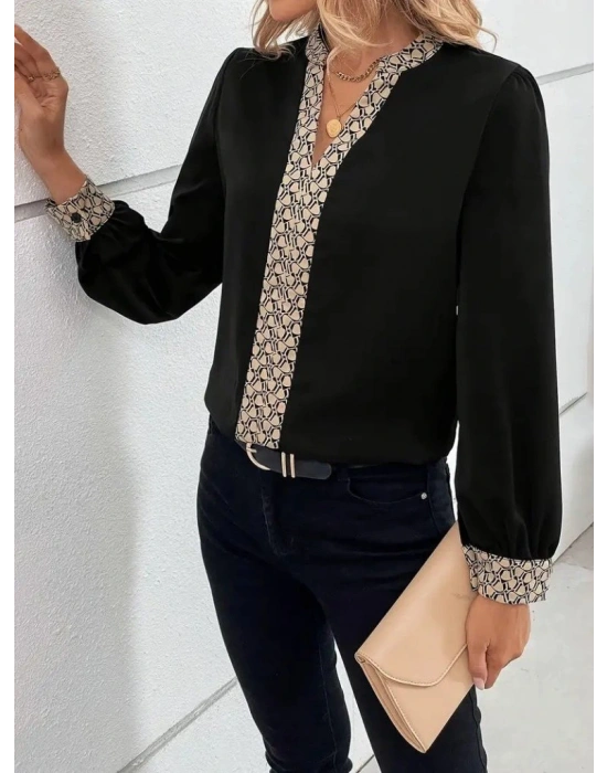 Kadın Uzun Kollu V Hakim Yakalı Desenli Ithal Krep Bluz